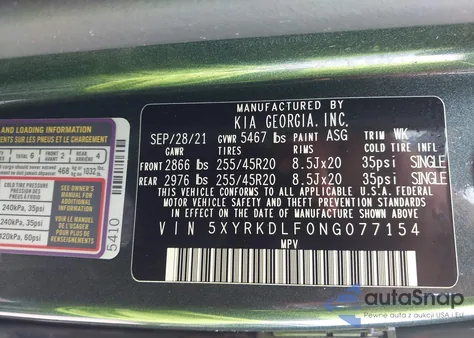 2022 Kia Sorento X-Line Sx Prestige from USA, damaged, VIN 5XYRKDLF0NG077154